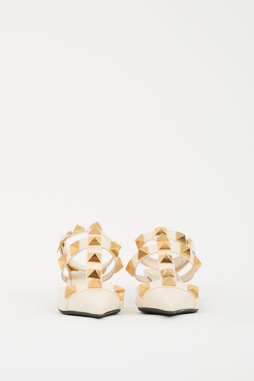Valentino Cream & Gold Leather Roman Stud Low Heel