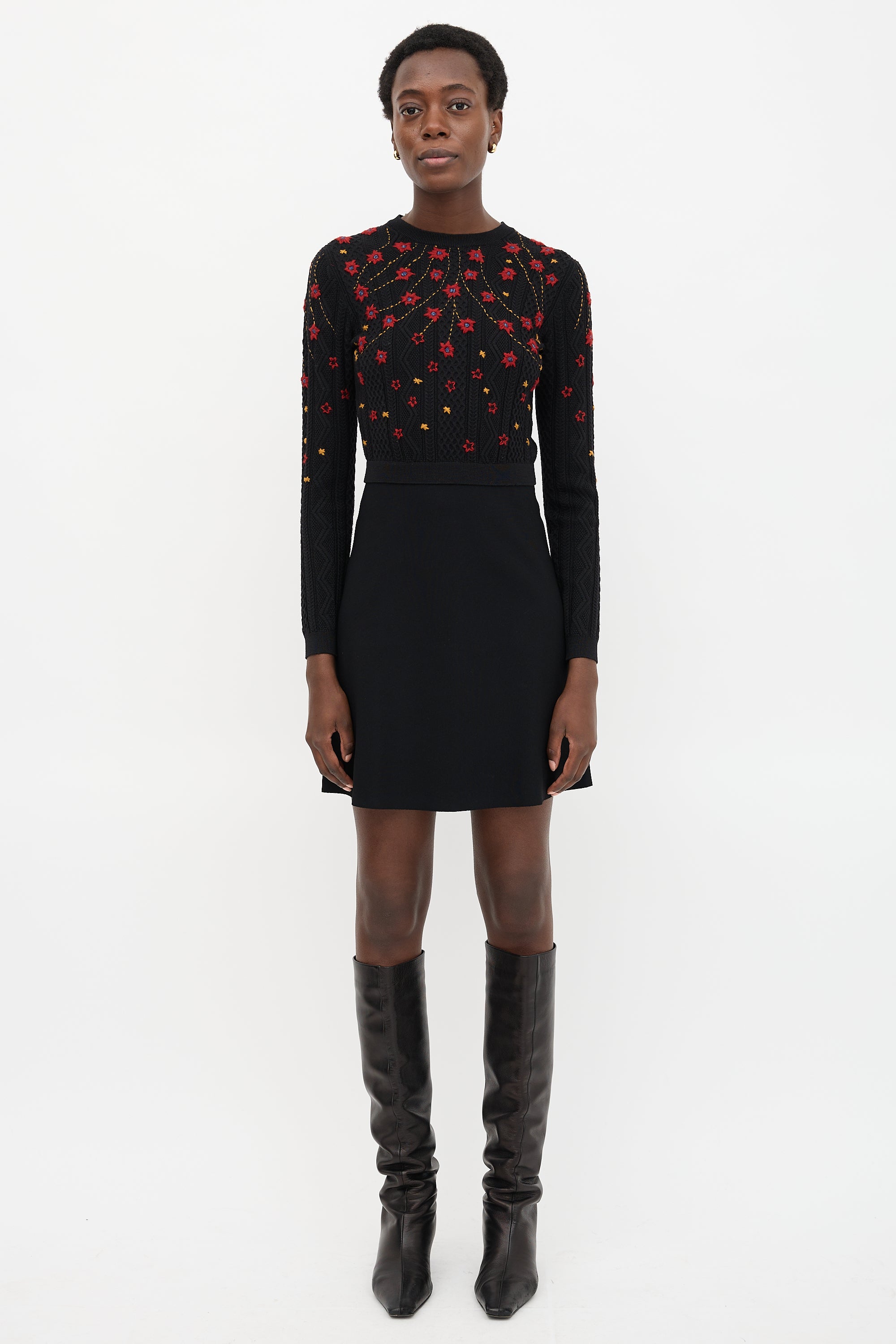 Valentino Floral Embroidered Flare Dress
