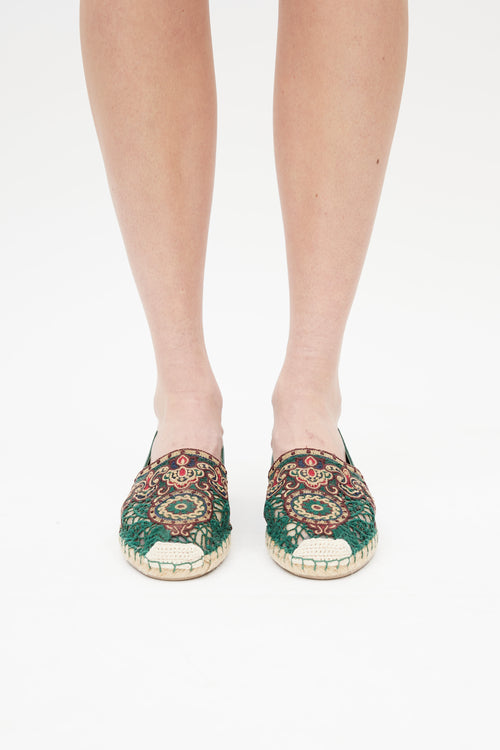 Valentino Green & Multicolour Embroidered Leather Espadrille