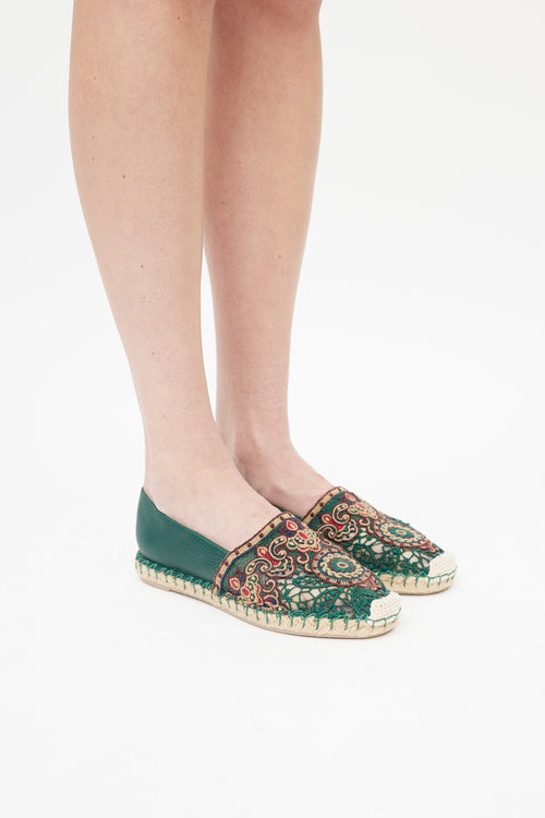 Valentino Green & Multicolour Embroidered Leather Espadrille
