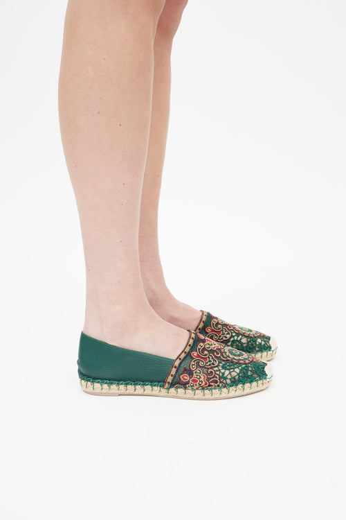 Valentino Green & Multicolour Embroidered Leather Espadrille