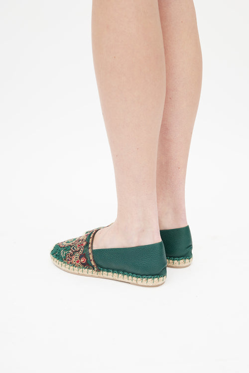 Valentino Green & Multicolour Embroidered Leather Espadrille