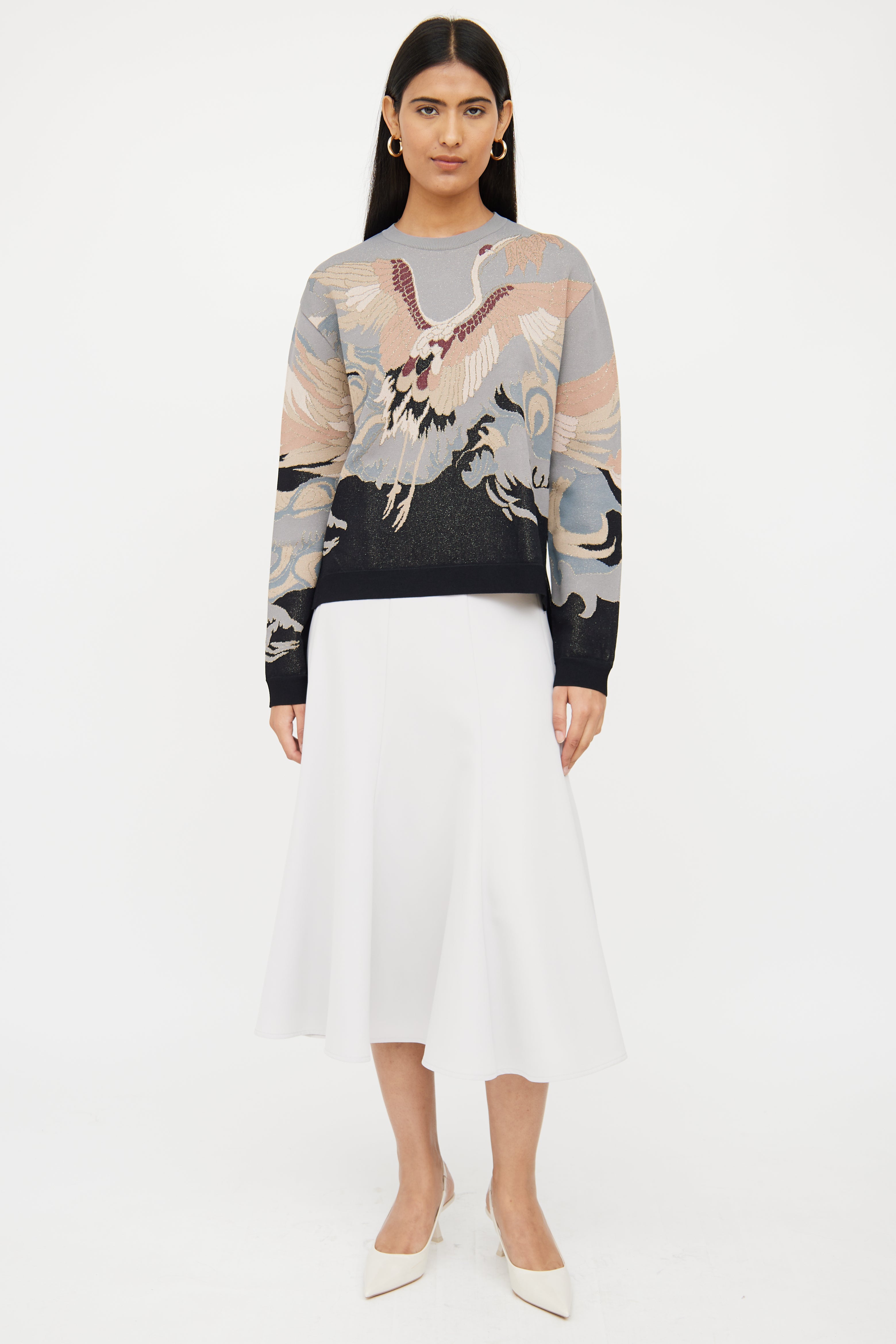 Valentino Grey & Multi Crane Shimmer Sweater