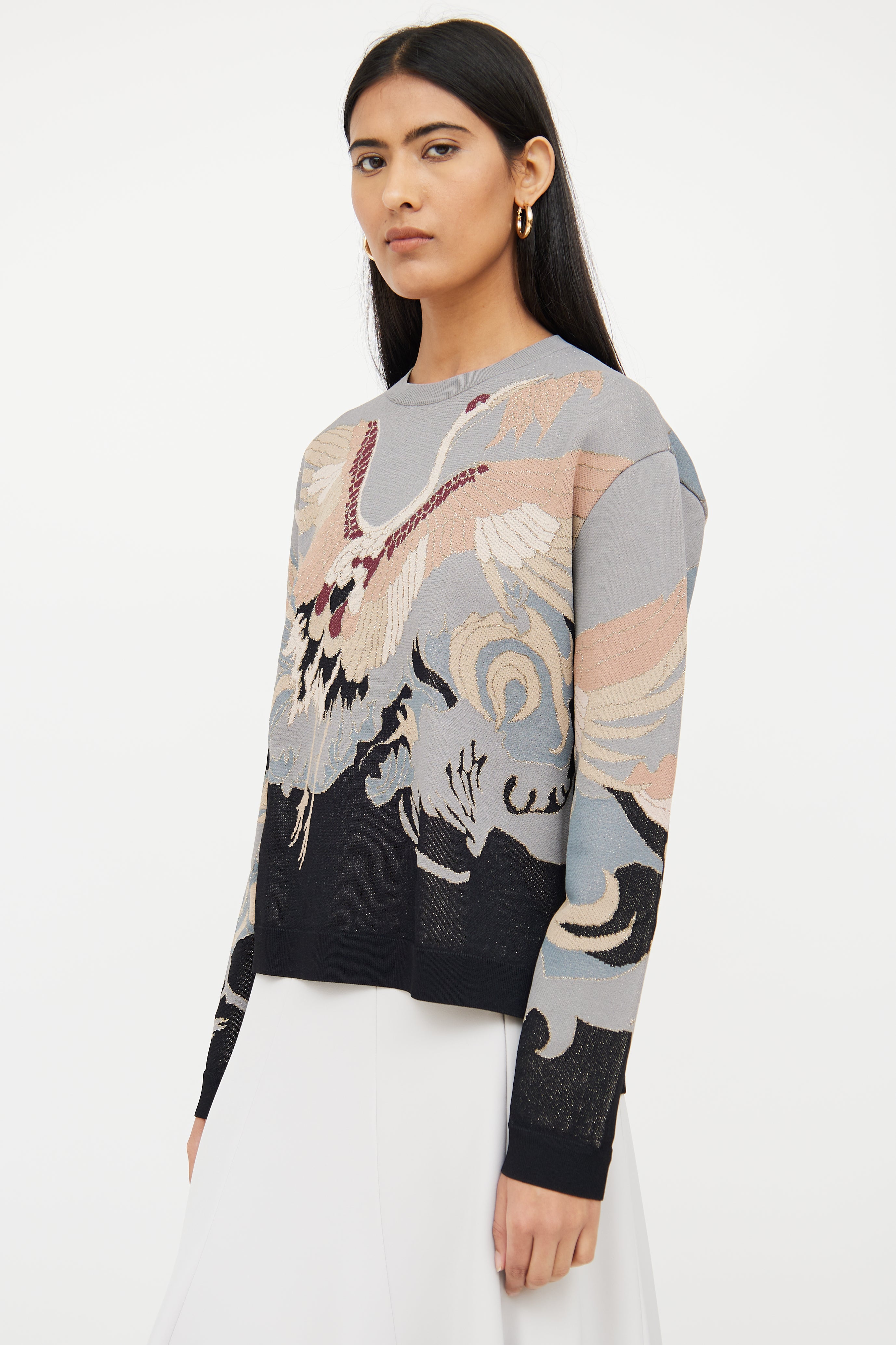 Valentino Grey & Multi Crane Shimmer Sweater