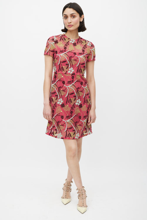 Valentino Pink & Multicolour Floral Lace Overlay Sheath Dress