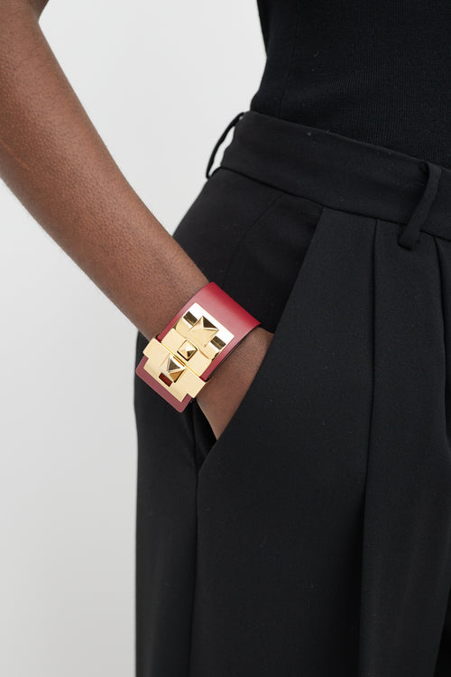 Valentino Red & Gold Leather Rockstud Leather Bracelet