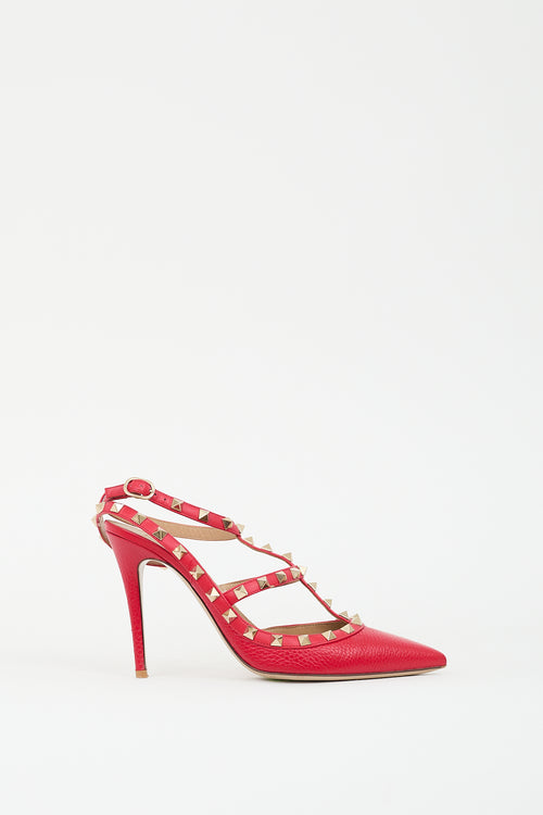 Valentino Red Pebbled Leather Rockstud Caged Pump