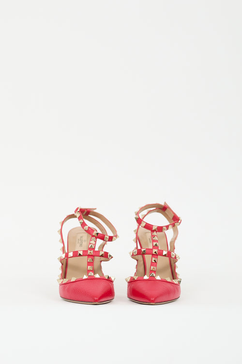 Valentino Red Pebbled Leather Rockstud Caged Pump