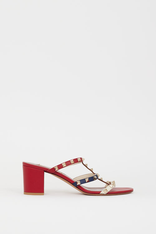 Valentino Red & Leather Multi Leather Caged Rockstud Sandal