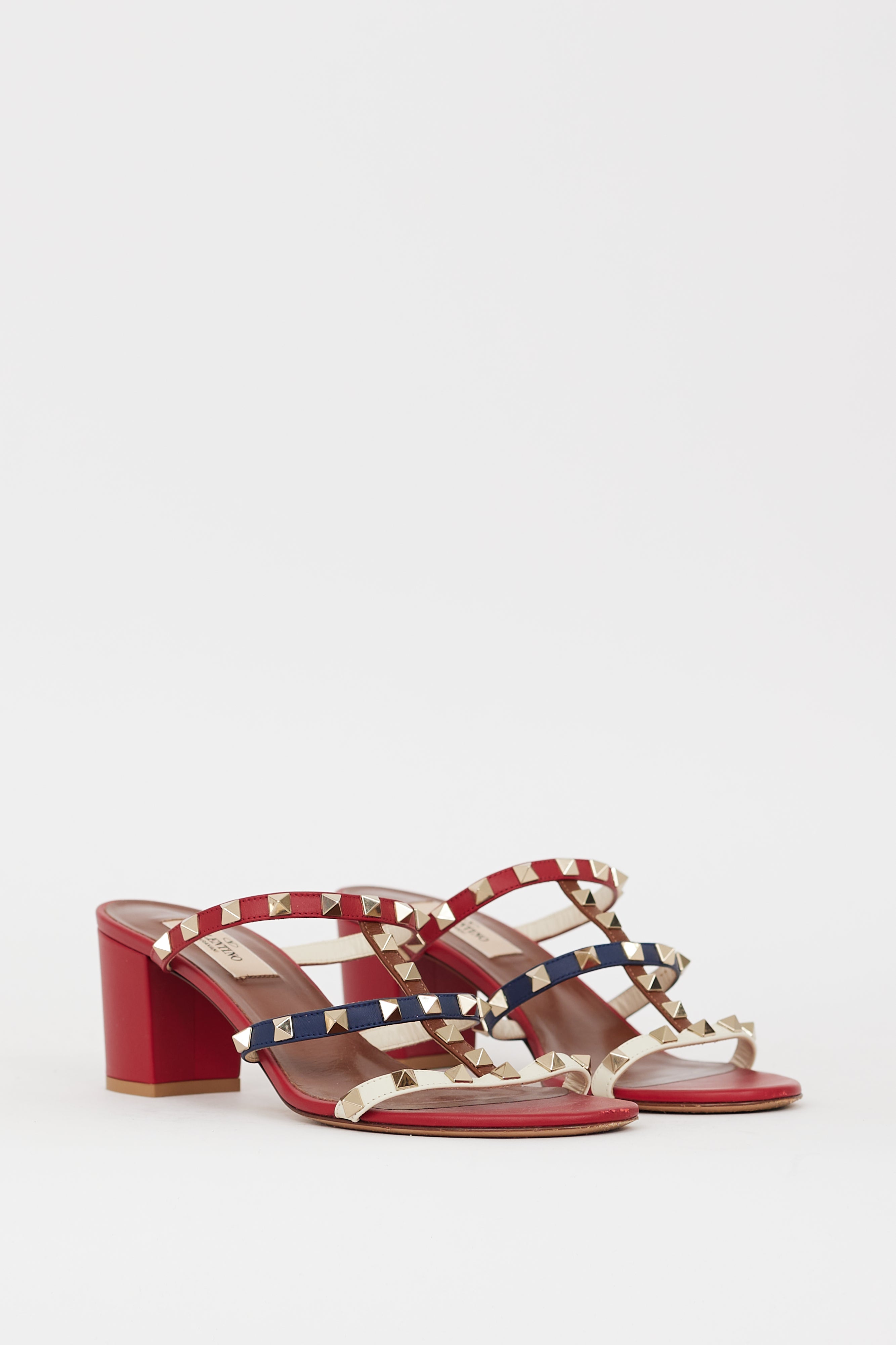 Valentino Red & Leather Multi Leather Caged Rockstud Sandal