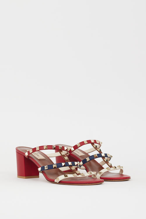 Valentino Red & Leather Multi Leather Caged Rockstud Sandal