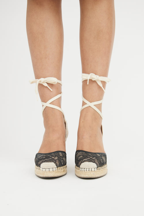Valentino Black & Beige Lace Espadrille Wedge