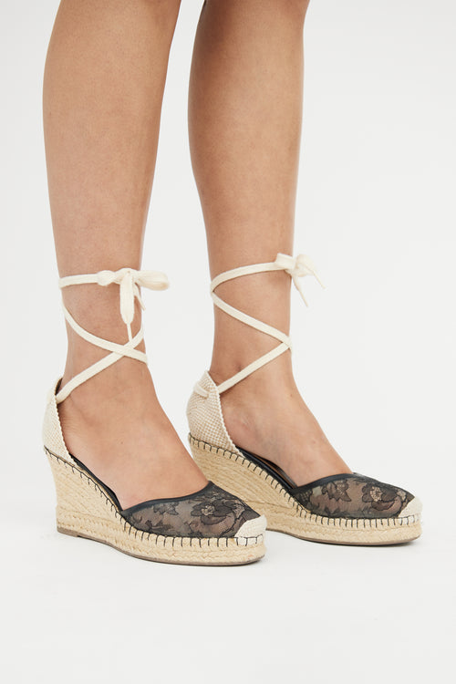 Valentino Black & Beige Lace Espadrille Wedge