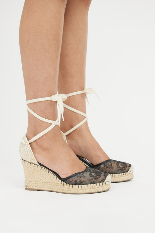 Valentino Black & Beige Lace Espadrille Wedge