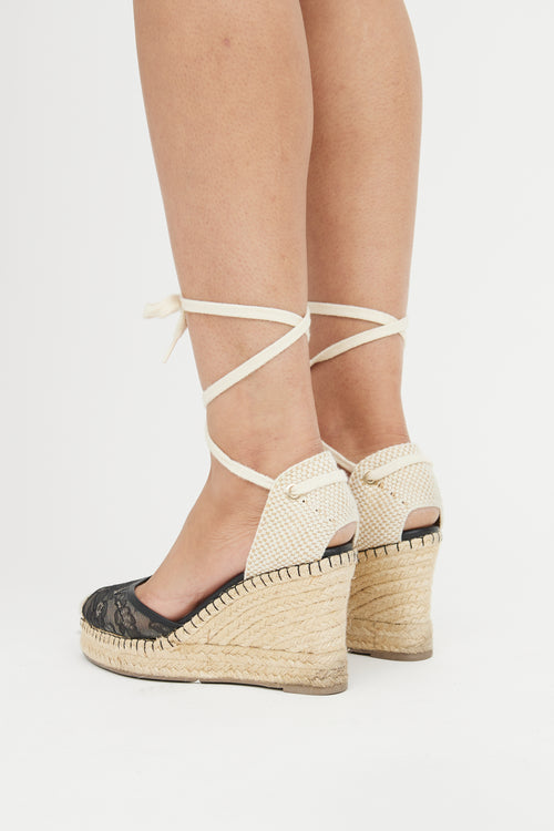 Valentino Black & Beige Lace Espadrille Wedge