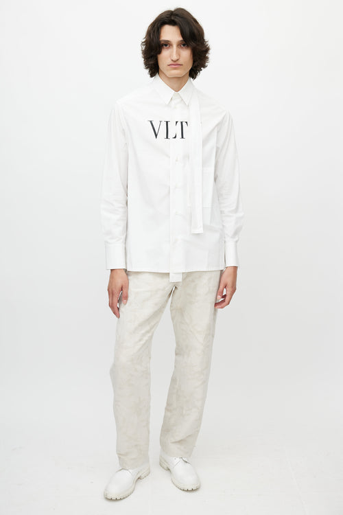 Valentino White & Black Cotton Logo Button Up Shirt