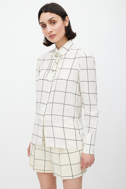 Valentino White & Black Silk Printed Tie Neck Shirt