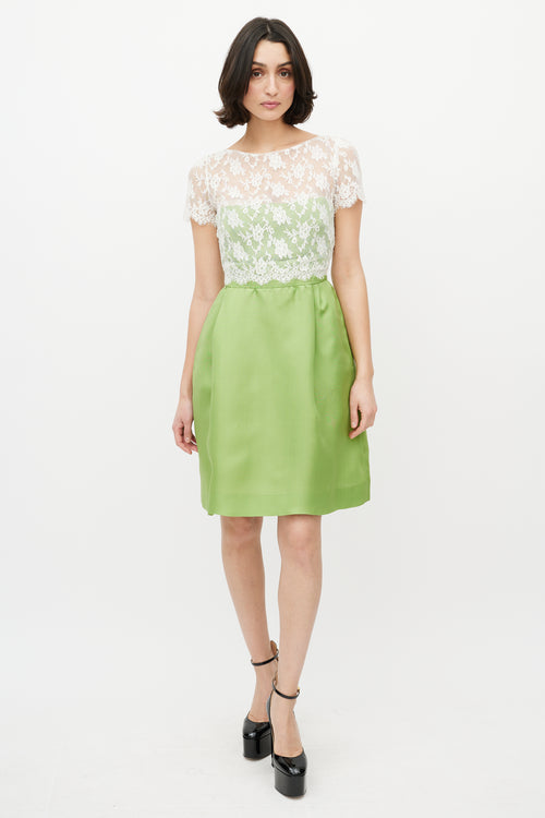 Valentino White Lace & Green Silk Dress