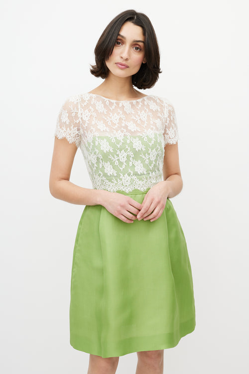 Valentino White Lace & Green Silk Dress