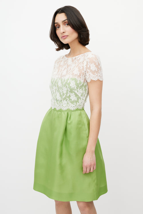 Valentino White Lace & Green Silk Dress