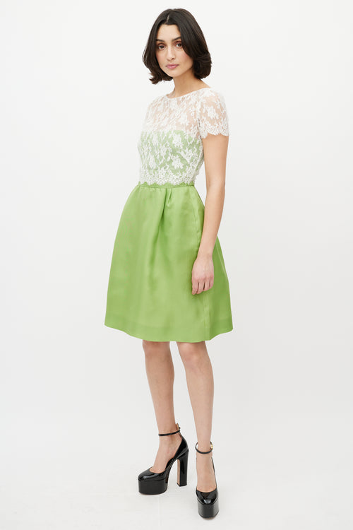 Valentino White Lace & Green Silk Dress