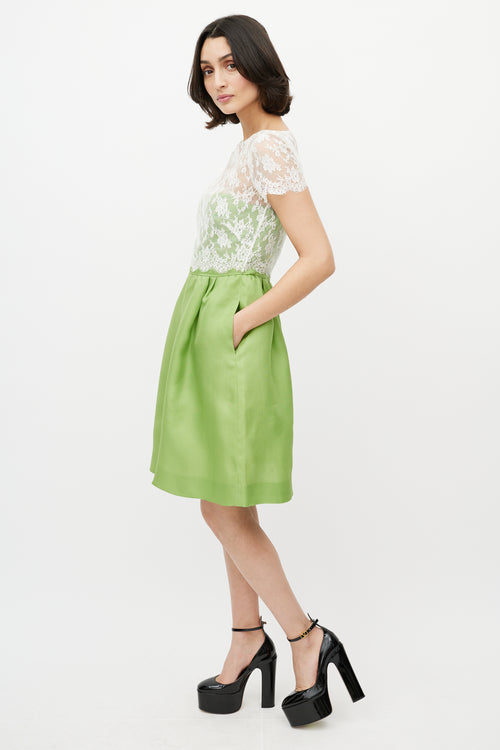 Valentino White Lace & Green Silk Dress