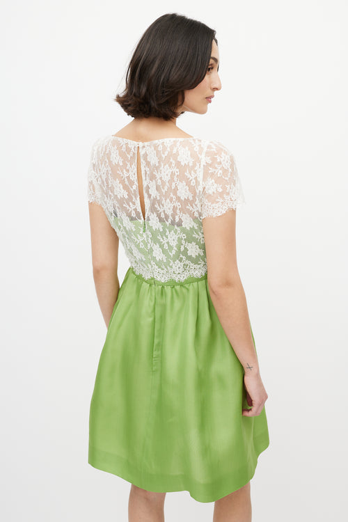 Valentino White Lace & Green Silk Dress