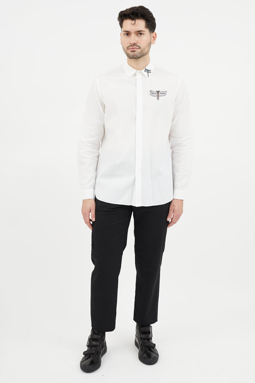 Valentino White & Multicolour Embroidered Dragonfly Shirt