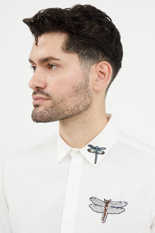 Valentino White & Multicolour Embroidered Dragonfly Shirt