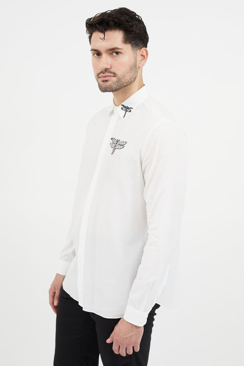 Valentino White & Multicolour Embroidered Dragonfly Shirt