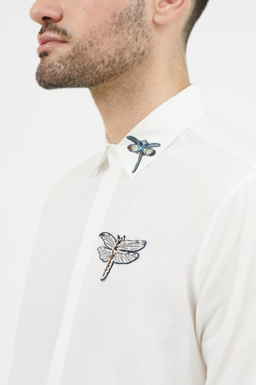 Valentino White & Multicolour Embroidered Dragonfly Shirt