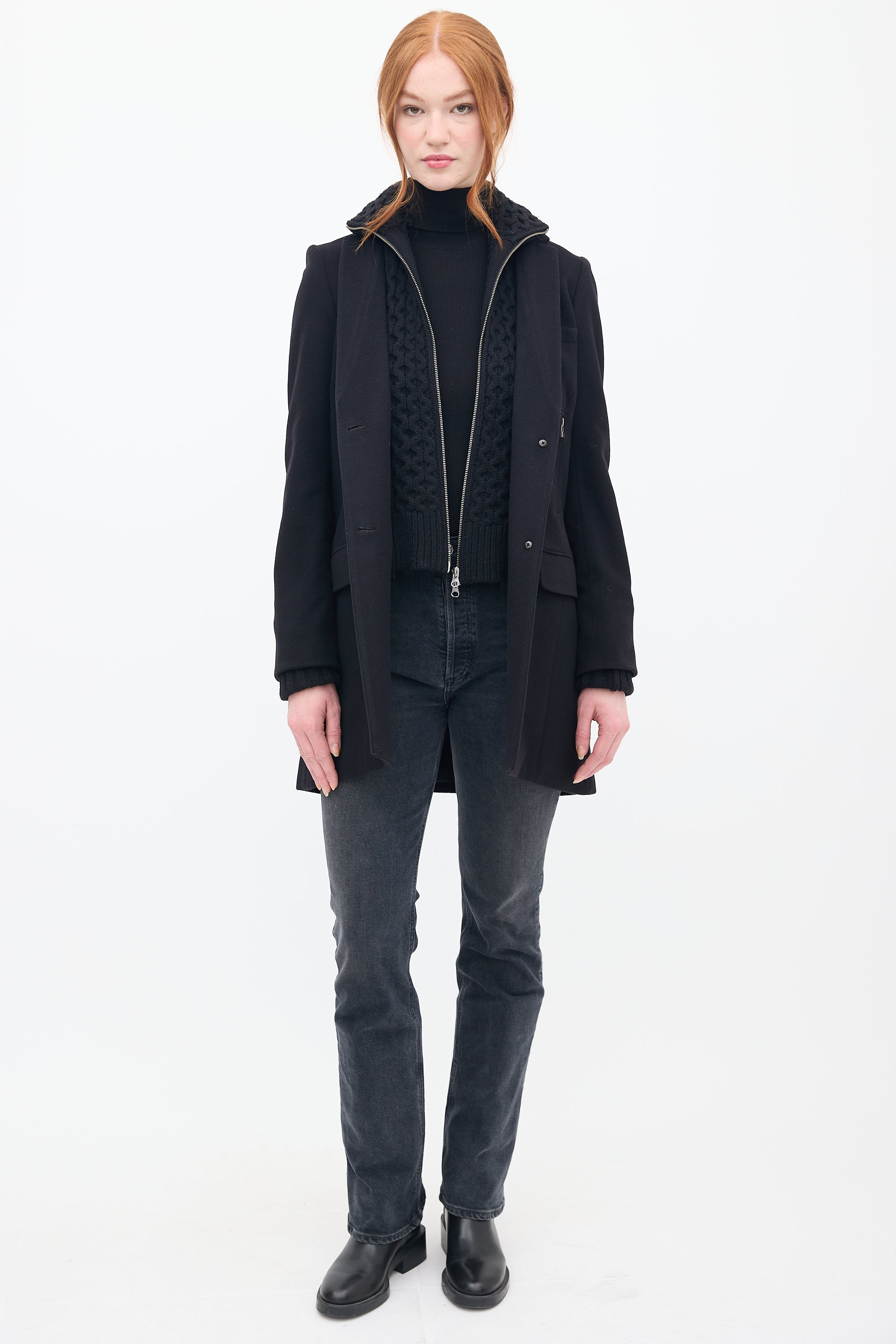 Veronica Beard Black Wool & Knit Pea Coat