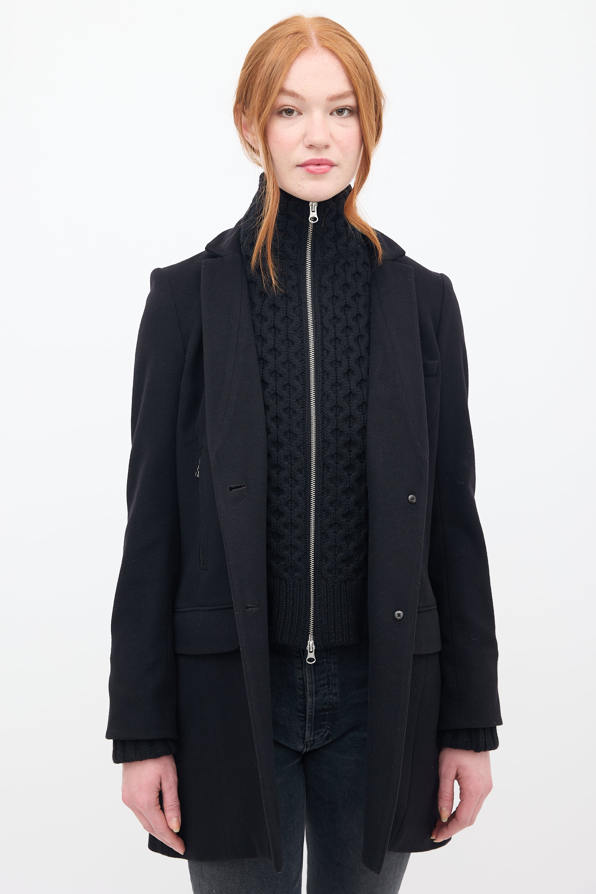 Veronica Beard Black Wool & Knit Pea Coat