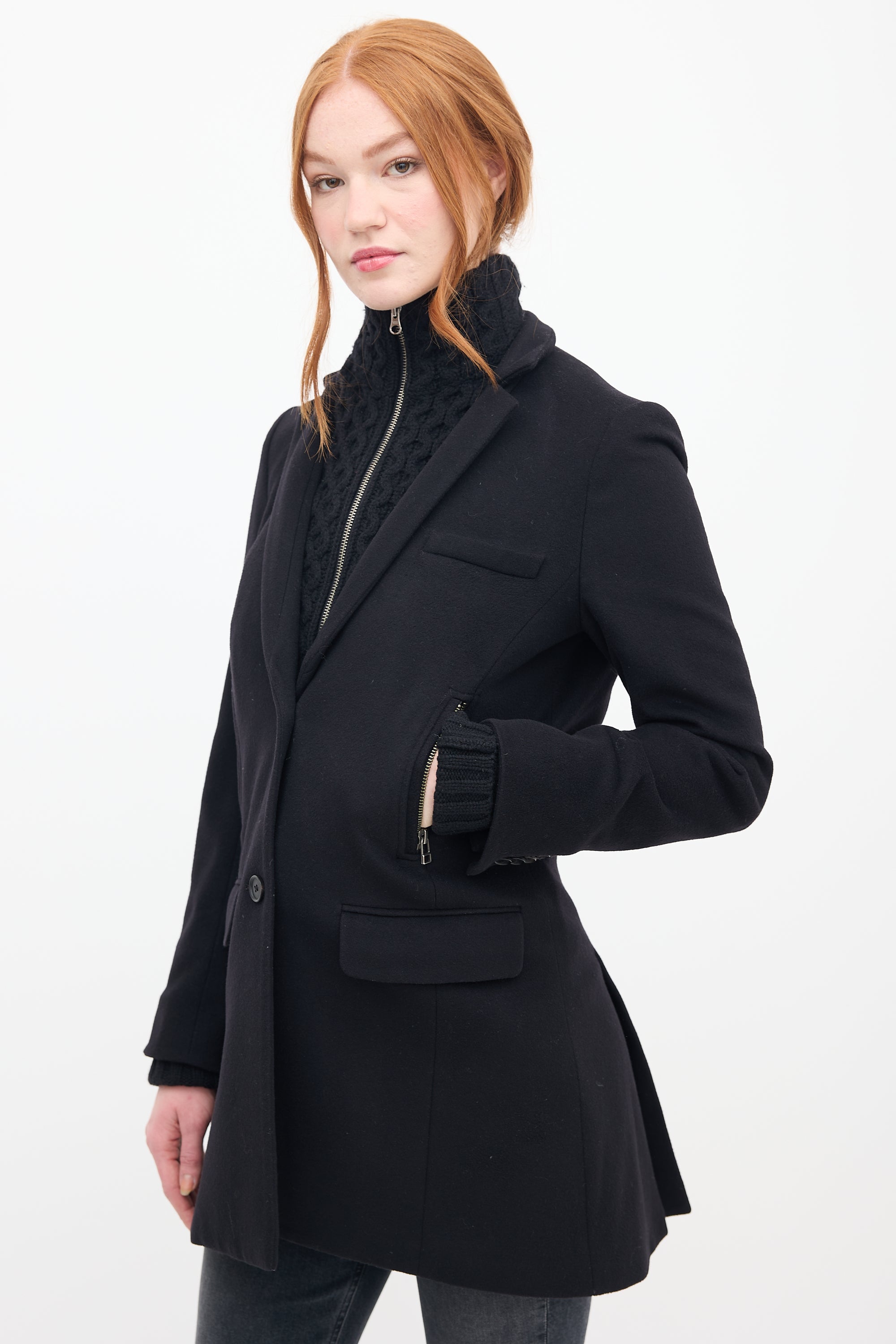 Veronica Beard Black Wool & Knit Pea Coat