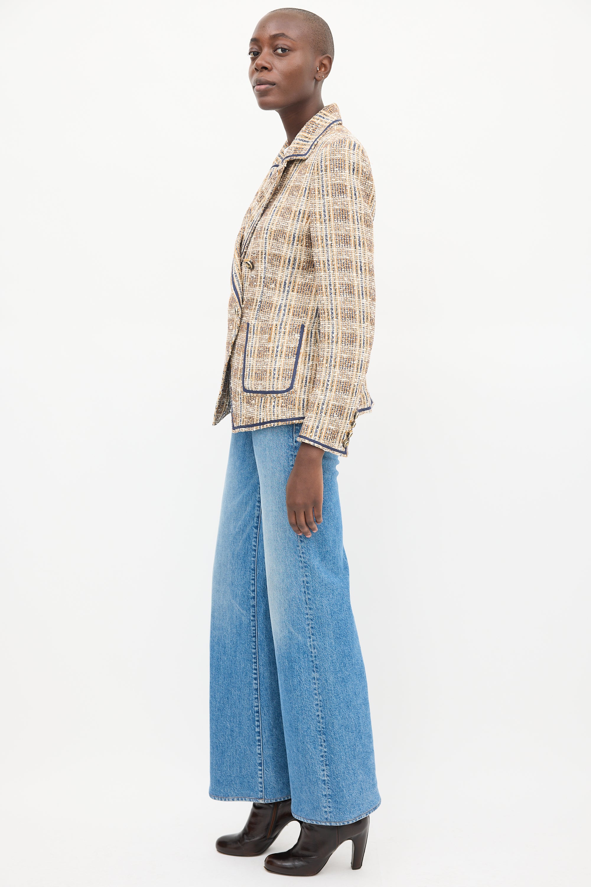 Veronica Beard Beige & Navy Tweed Double Breasted Blazer