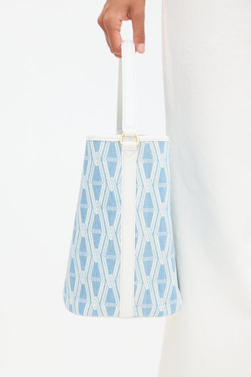 Veronica Beard Light Blue & White Denim & Leather V-Link Bucket Bag