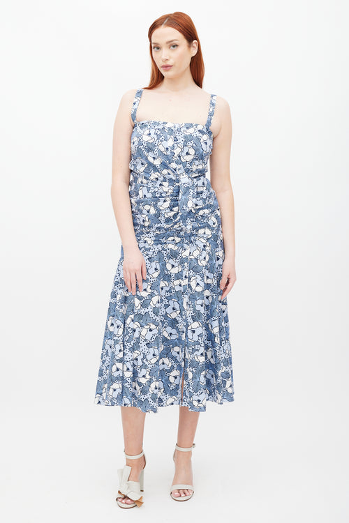 Veronica Beard White & Blue Striped Folded Floral Dress