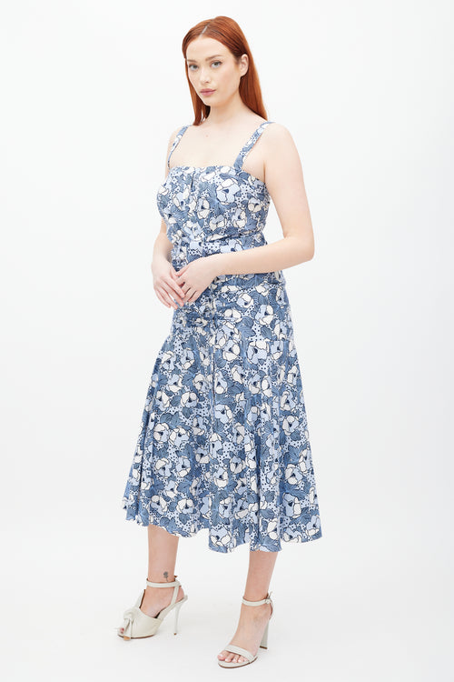 Veronica Beard White & Blue Striped Folded Floral Dress