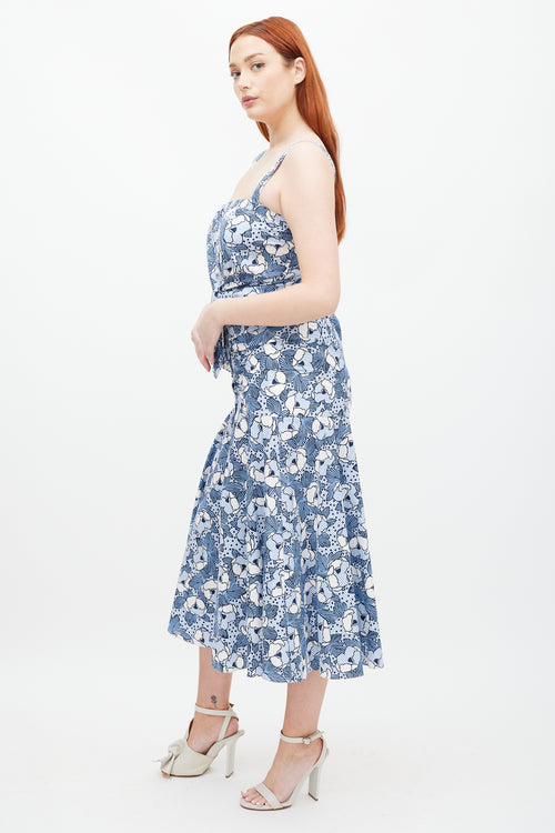 Veronica Beard White & Blue Striped Folded Floral Dress
