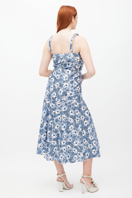 Veronica Beard White & Blue Striped Folded Floral Dress