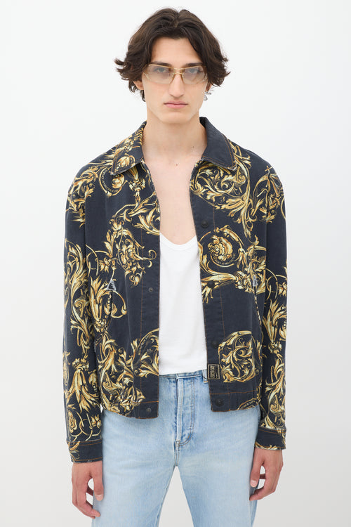 Versace Black & Gold Ornate Printed Denim Jacket