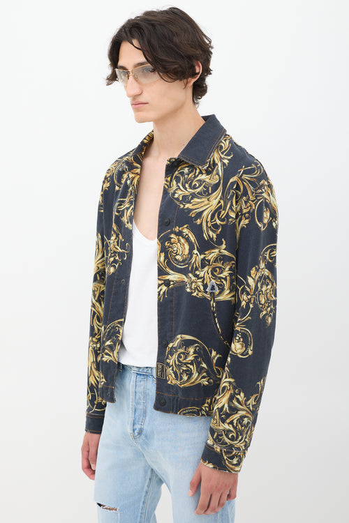 Versace Black & Gold Ornate Printed Denim Jacket