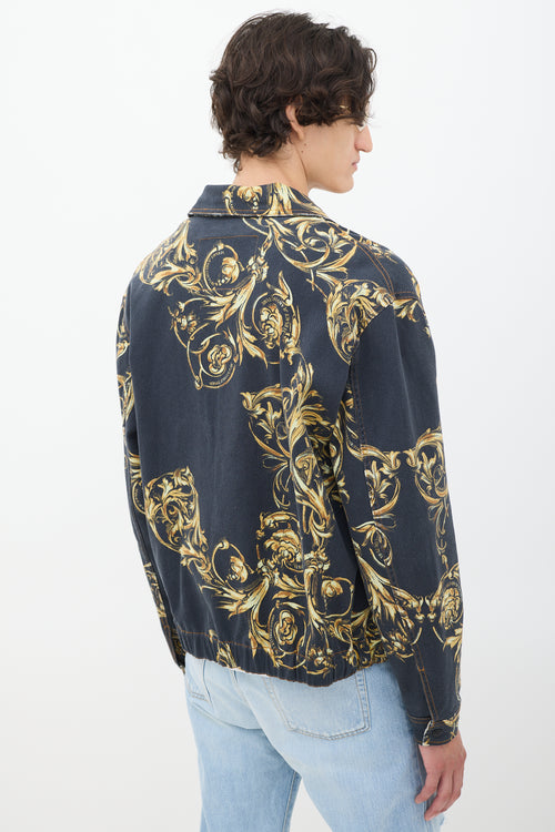 Versace Black & Gold Ornate Printed Denim Jacket