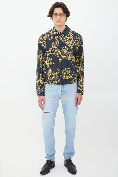 Versace Black & Gold Ornate Printed Denim Jacket