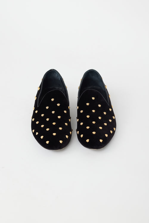 Versace Black & Gold Velvet Medusa Embellished Loafer