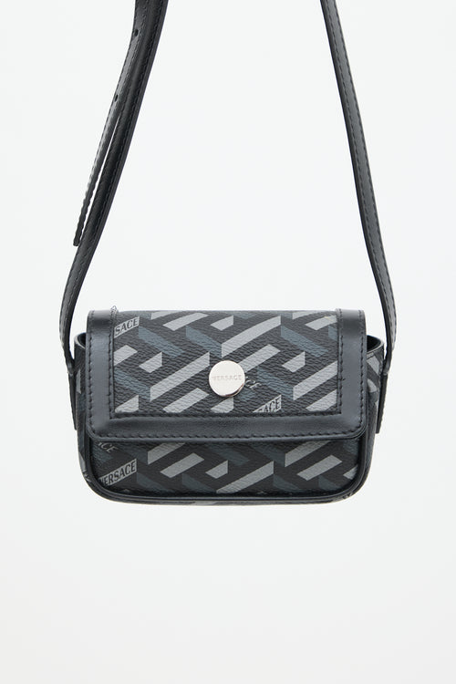 Versace Black & Grey Coated Canvas La Greca Mini Crossbody Bag