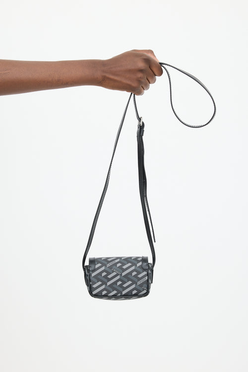 Versace Black & Grey Coated Canvas La Greca Mini Crossbody Bag