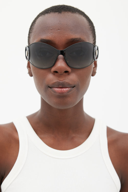 Versace Black & Silver 2064-B Shield Jewel Sunglasses