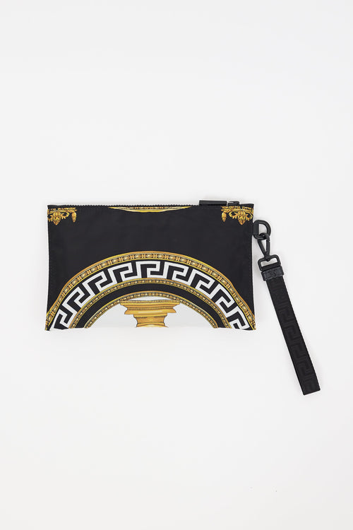 Versace Black & Gold Nylon Print Zip Pouch