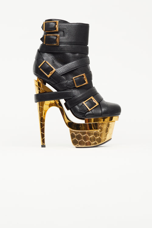 Versace Black & Gold Buckled Triple Platform Boot